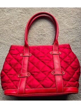 J Crew Red Quilting & Leather Carry All Bucket Purse Handbag Top Handle